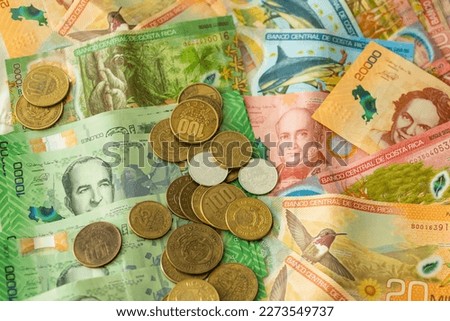 Costa Rica money, Lots of banknotes and coins, All values, Costa Rica currency colon, business financial background, close up