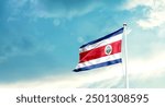 Costa Rica national flag fluttering. The flag blowing in beautiful soft sky. Costa Rica national flag for independence day.