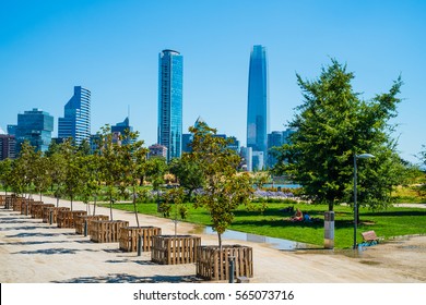 Costanera Center and Skyline in Santiago, Chile with Park and Modern Buildings