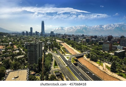 Costanera Tower with mountains on background - Santiago - Chile. Business center of Santiago