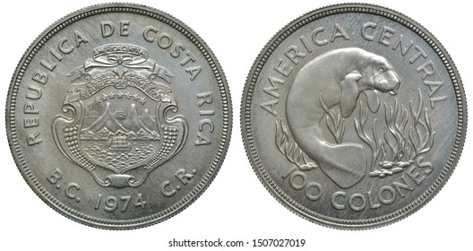 Costa-Rica Costa-Rican Coin 100 Colones 1974, Shield With Sailing Ship In Front Of Mountains, Date Below, Manatee Among Algae, 