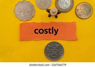 costly.The word is written on a slip of paper,on colored background. professional terms of finance, business words, economic phrases. concept of economy.