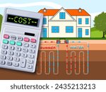 Costs about construction of a geothermal plant - Geothermal heating and cooling system linear for sustainable buildings conditioning concept with calculator
