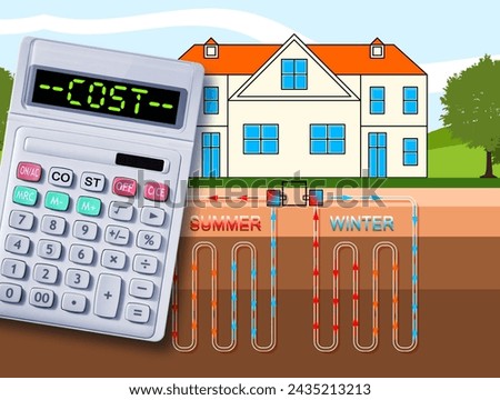 Costs about construction of a geothermal plant - Geothermal heating and cooling system linear for sustainable buildings conditioning concept with calculator
