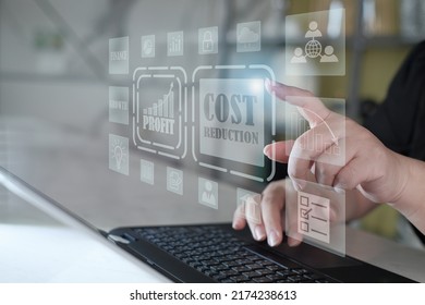 Costs Reduction Concept. Business Finance Optimisation Strategy Economy Saving. Concept Of Cost Control. Cost Text With A Down Arrow. Budget,cut Budget,growth Graph,profit Optimize,Cost Management.