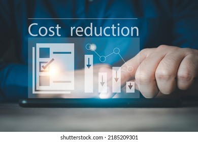 Costs Reduction Concept. Business Finance Optimisation Strategy Economy Saving. Concept Of Cost Control. Cost Text With A Down Arrow. Budget,cut Budget,growth Graph,profit Optimize,Cost Management.