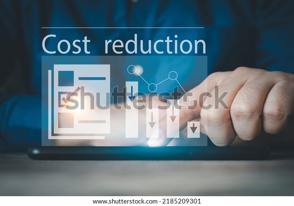 Costs reduction Concept. business finance\
optimisation strategy economy saving. Concept of Cost Control. Cost\
text with a down arrow. budget,cut budget,growth graph,profit\
optimize,Cost Management.
