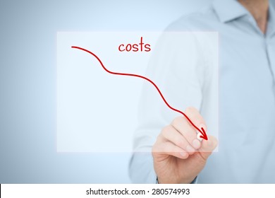 Costs Reduction, Costs Cut, Costs Optimization Business Concept. Businessman Draw Simple Graph With Descending Curve.
