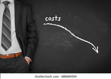 Costs reduction, costs cut, costs optimization business concept. Businessman with simple graph with descending curve.