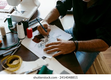 Costume designer making sketch on paper at table in work studio - Powered by Shutterstock