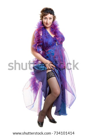 costume party, middle-aged leggy woman wearing bright dress, scarf and stocking