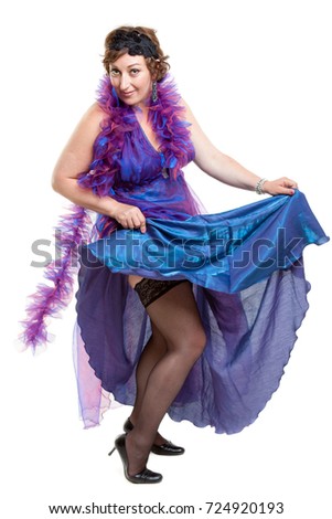 costume partyl, middle-aged woman wearing bright dress, scarf and stocking