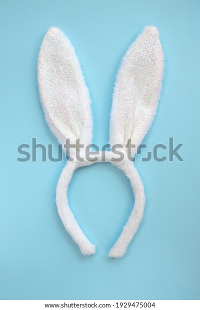 Costume rabbit ears. Fluffy bunny ears\
isolated on blue background, top view, flat\
lay.