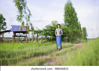 Costume traditionally Thai at rice field, Thailand.