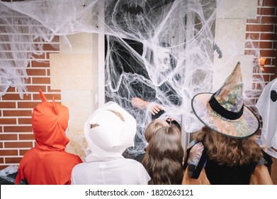 Costumed kids trick-or-treating on halloween behind a web - Powered by Shutterstock