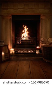 A Cosy Fireplace With A Roaring Log Fire And Candles