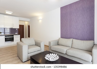 Cosy Flat - Grey Sofa In White And Violet Living Room