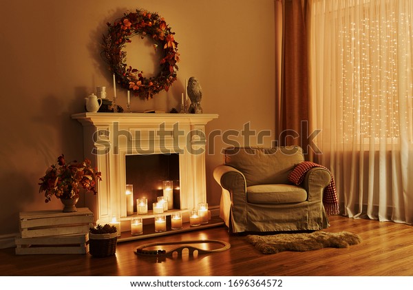 Cosy Living Room Decor Cozy Fireplace Stock Photo Edit Now 1696364572