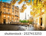 cosy Paris street with view on the famous Eiffel Tower on a cloudy autumn day, Paris France, toned