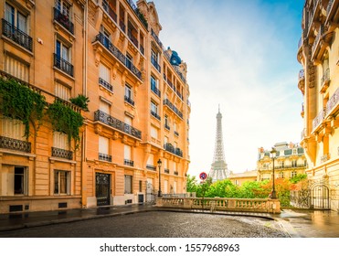 Cosy Paris Street With View On The Famous Eiffel Tower On A Cloudy Summer Day, Paris France, Retro Toned