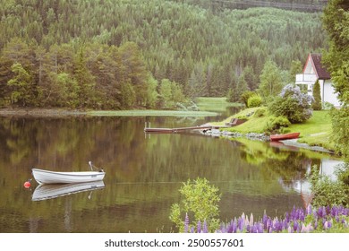 cosy rural landscape depicting a lake in norway on which a boat is sailing, in the background you can see a cottage and a garden - Powered by Shutterstock