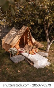 Cosy Trendy Design And Decorated Bell Tent In Nature Glamping In Garden 