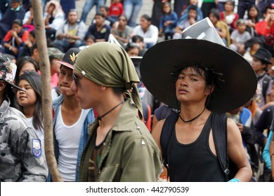 COTACACHI, ECUADOR - JUNE 23, 2016: Children's Parade In Inti Raymi, The Quechua Solstice Celebration.  Young People Stomp And Dance In A Circle To Wake Up Mother Earth.