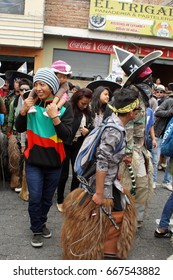 COTACACHI, ECUADOR - JUNE 24, 2017: Men's parade in Inti Raymi, the indigenous solstice festival, with a history of violence in the village