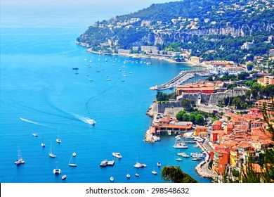 Cote d'Azur France.  View of luxury resort and bay of French riviera - Villefranche-sur-Mer is situated between Nice city and Monaco. Mediterranean Sea