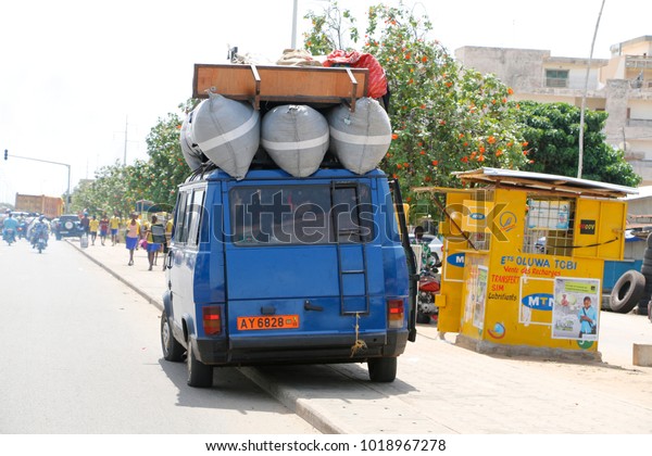 Cotonou Benin April 4 2014 Overloaded transport of\
cars in Benin Africa