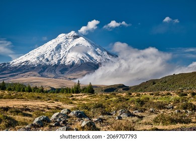 Cotopaxi Volcano With A Distinct Plume Of Smoke In The National Park