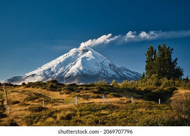 Cotopaxi Volcano With A Distinct Plume Of Smoke In The National Park