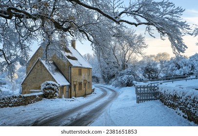 Cotswold cottage in winter, Gloucestershire, England