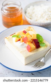 Cottage Cheese Casserole, Zapekanka, Ricotta Breakfast Cake Served With Greek Yogurt, Peach And Honey. Healthy Food Rich In Calcium And Proteins, Low Carbohydrate Diet