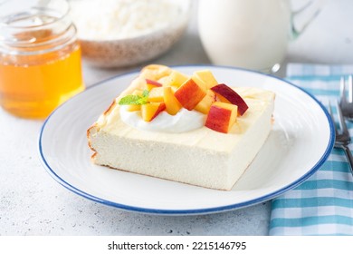 Cottage Cheese Casserole, Zapekanka, Ricotta Breakfast Cake Served With Greek Yogurt, Peach And Honey. Healthy Food Rich In Calcium And Proteins, Low Carbohydrate Diet