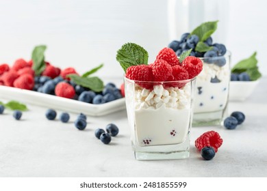 Cottage cheese with cream, raspberries, and blueberries garnished with fresh mint. 