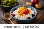 Cottage Cheese: Creamy cottage cheese topped with fresh fruit and a drizzle of honey, ideal for capturing the simplicity and nutrition of this versatile dish