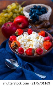 Cottage Cheese Or Curd Cheese In Bowl With Strawberry. Rich In Protein And Calcium Healthy Dairy Product, Low Fat Soft White Cheese