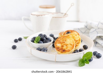 Cottage cheese or curd fritters with honey and fresh blueberry. Healthy diet food, breakfast.