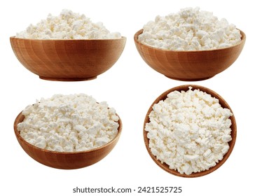 Cottage Cheese, Curd in wooden bowl, isolated on white background, clipping path, full depth of field