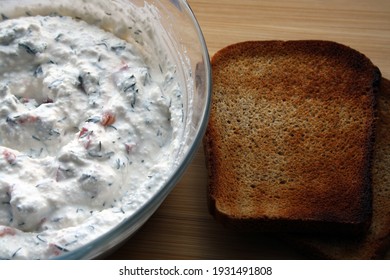 Cottage Cheese Dip And Black Bread Toast. Breakfast. Space For Text.