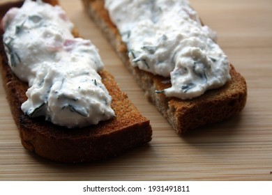 Cottage Cheese Dip And Black Bread Toast. Breakfast. Space For Text.