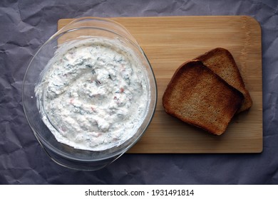 Cottage Cheese Dip And Black Bread Toast. Breakfast. Space For Text.