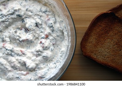 Cottage Cheese Dip And Black Bread Toast. Breakfast. Space For Text.