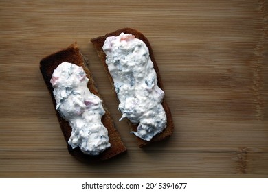 Cottage Cheese Dip And Black Bread Toast. Breakfast. Space For Text.