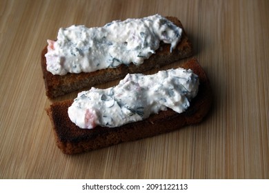 Cottage Cheese Dip And Black Bread Toast. Breakfast. Space For Text.