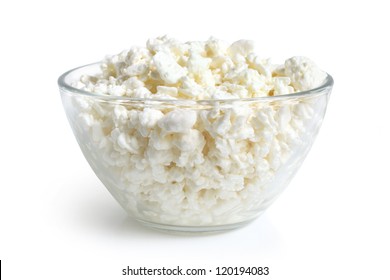 Cottage Cheese In Glass Bowl On A White Background