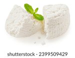 Cottage cheese isolated on white background closeup. Fresh grainy cottage cheese or feta with mint leaf close up