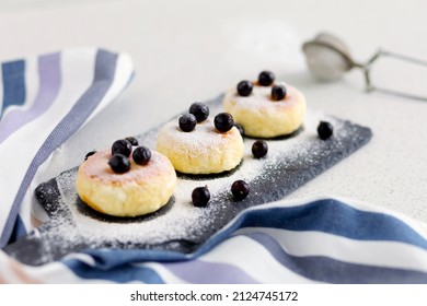 Cottage Cheese Pancakes With Berries Currants On A Serving Board, Plate On Table. Tasty Healthy Diet Food On Breakfast, Lunch, Dinner, Snack.  Soft Focus