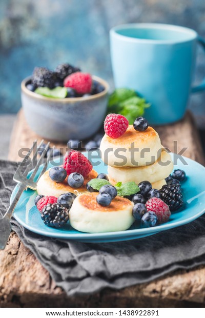 Cottage Cheese Pancakes Berries Healthy Breakfast Stock Photo